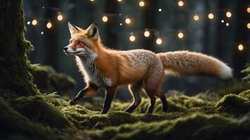 A fox walks through a forest adorned with glowing lights, creating a magical atmosphere. photo