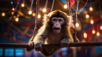 A playful monkey hanging on a branch, surrounded by colorful lights in a vibrant setting. photo