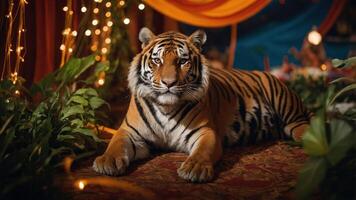 A majestic tiger rests on a decorative surface surrounded by greenery and soft lighting. photo