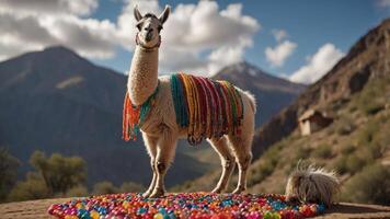 A decorated llama stands proudly on a colorful display of beads against a mountainous backdrop. photo