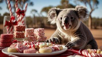 A koala enjoying a festive spread of cookies and sweets in a natural setting. photo