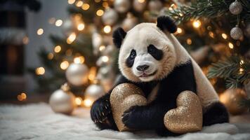 A cute panda holds glittery hearts in a festive setting with Christmas decorations. photo