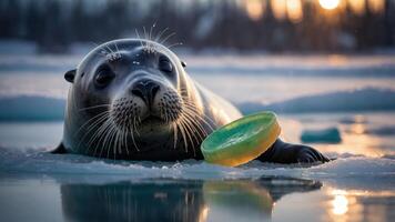 A seal resting on ice with a colorful ring in front, capturing a serene moment in nature. photo