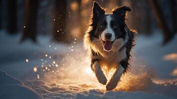 A joyful dog running through a snowy forest, illuminated by warm light. photo