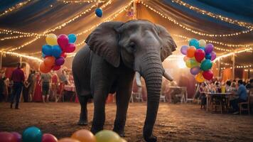 An elephant stands in a festive tent filled with balloons and lights, creating a lively atmosphere. photo