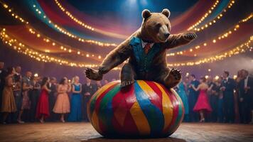 A bear in a suit performs on a colorful ball at a lively circus event. photo