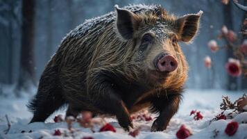 A wild boar in a snowy forest surrounded by fallen roses, creating a serene winter scene. photo