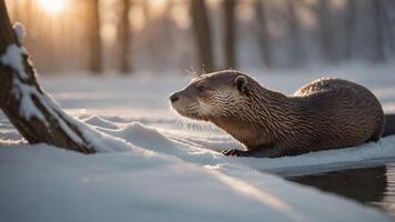 An otter prowls through snowy terrain near a water's edge, illuminated by a warm sunset glow. photo