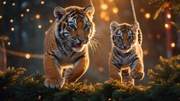 Two playful tigers exploring their surroundings in a magical, softly lit forest setting. photo