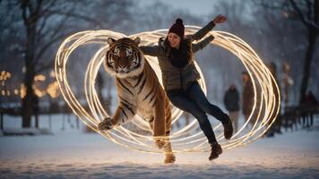 A woman playfully interacts with a tiger while surrounded by glowing light trails in the snow. photo