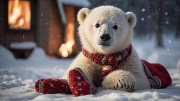 A cute polar bear cub wearing a festive scarf rests in the snow near a cozy cabin. photo