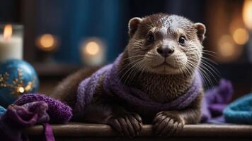 A cute otter wrapped in a purple scarf, surrounded by candles and festive decor. photo
