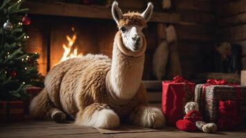 A cozy scene featuring a llama by a fireplace with gifts and a Christmas tree. photo