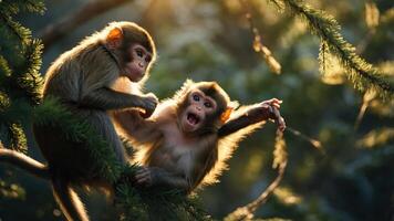 Two playful monkeys interacting on branches in a sunlit forest. photo