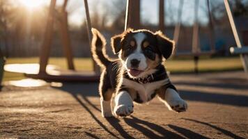 A playful puppy running joyfully on a sunny playground. photo