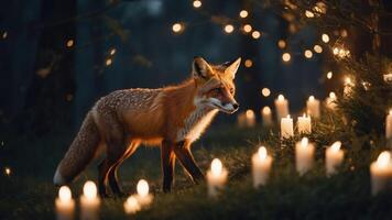 A fox wanders among glowing candles in a serene, twilight forest setting. photo