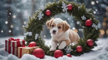 A playful puppy surrounded by a festive wreath and Christmas decorations in a snowy setting. photo