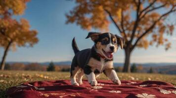 A playful puppy runs on a blanket in a colorful autumn landscape. photo
