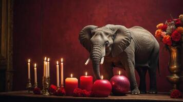 An elephant stands beside candles and decorative items on a table against a red backdrop. photo