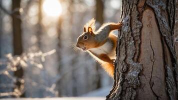 A squirrel leaps from a tree in a snowy forest, capturing a moment of wildlife action. photo