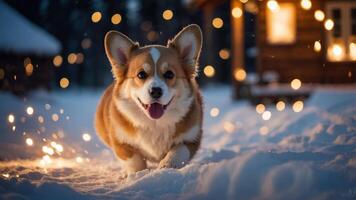 A playful corgi running through snow with festive lights in the background. photo