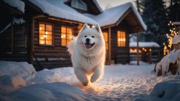 A joyful Samoyed dog running through the snow near cozy wooden cabins at dusk. photo