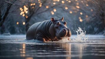 A hippo splashes in a serene, frosty environment with soft lighting in the background. photo