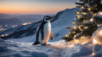 A penguin stands beside a decorated Christmas tree in a snowy landscape at sunset. photo