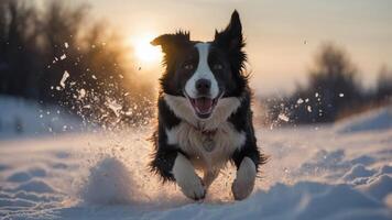 A joyful dog running through snow with a sunset backdrop. photo