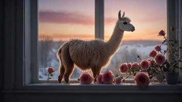 A llama stands by a window adorned with roses, framed by a colorful sunset. photo