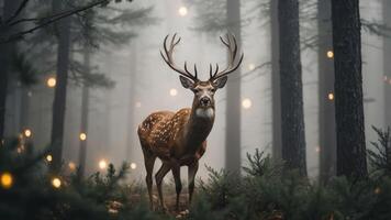 A deer stands in a misty forest illuminated by soft, glowing lights. photo