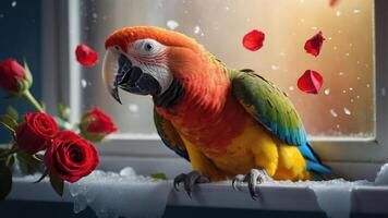 A colorful parrot perched by a window with rose petals and flowers, creating a serene ambiance. photo