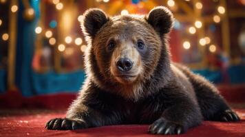 A close-up of a bear in a circus setting, surrounded by colorful lights and decorations. photo