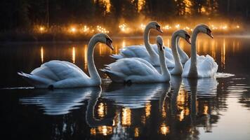 Five elegant swans glide across a serene lake at dawn, surrounded by soft golden lights. photo