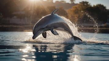 A dolphin gracefully leaps out of the water, creating a splash against a serene backdrop. photo