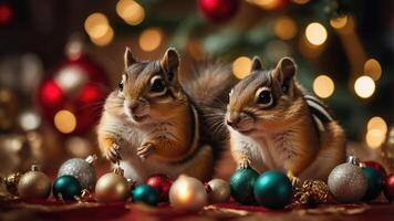 Two chipmunks surrounded by colorful ornaments in a festive setting. photo