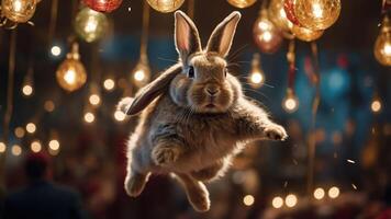 A fluffy rabbit leaps joyfully amidst colorful hanging lights, creating a whimsical atmosphere. photo