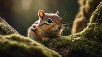 A close-up of a chipmunk perched on mossy wood in a forest setting. photo