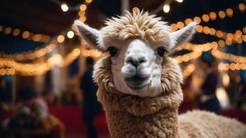A close-up of a smiling alpaca in a festive setting with string lights in the background. photo