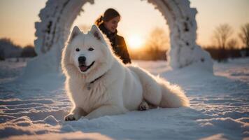 A serene winter scene featuring a Samoyed dog and a person against a snowy backdrop. photo