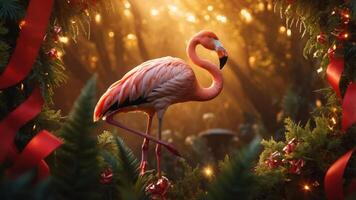 A vibrant flamingo stands amidst festive greenery, illuminated by warm, soft light. photo
