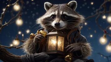 A whimsical raccoon holding a lantern, surrounded by glowing lights in a nighttime setting. photo