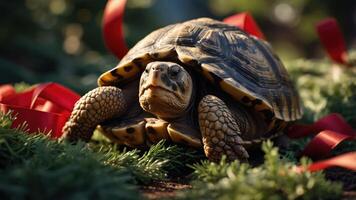 A tortoise resting on greenery with red ribbons, creating a festive atmosphere. photo
