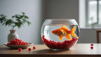 A goldfish swims in a bowl surrounded by red berries on a wooden table. photo