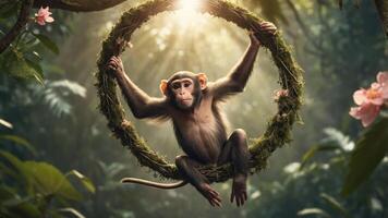 A monkey swings playfully on a circular vine in a sunlit jungle setting. photo