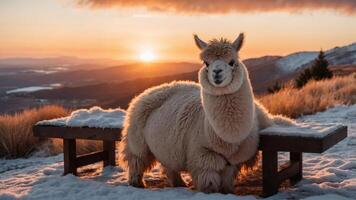 A fluffy llama stands on a snowy bench at sunset, creating a serene and picturesque scene. photo