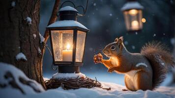 A squirrel enjoys a snack near a lantern in a snowy landscape. photo