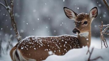 A serene deer resting in a snowy landscape, surrounded by falling snowflakes. photo