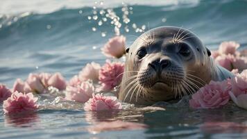 A seal surrounded by pink flowers in a tranquil ocean setting. photo