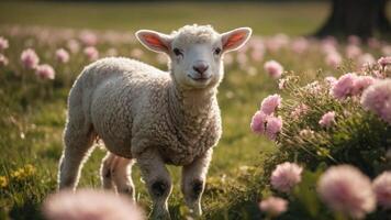 A playful lamb stands in a vibrant field of flowers, embodying the essence of spring. photo